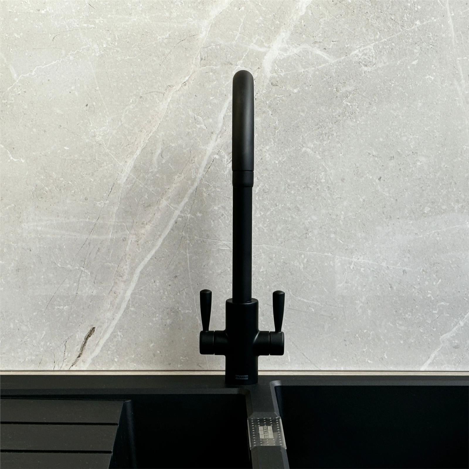 Franke Ascona Swan Neck Swivel Spout Mono Mixer Twin Lever Black Kitchen Tap